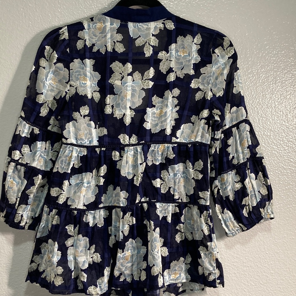 Anthropologie Odille Faraway Navy White Floral Boho Peasant Blouse Twee y2k sz 0 - Picture 4 of 10